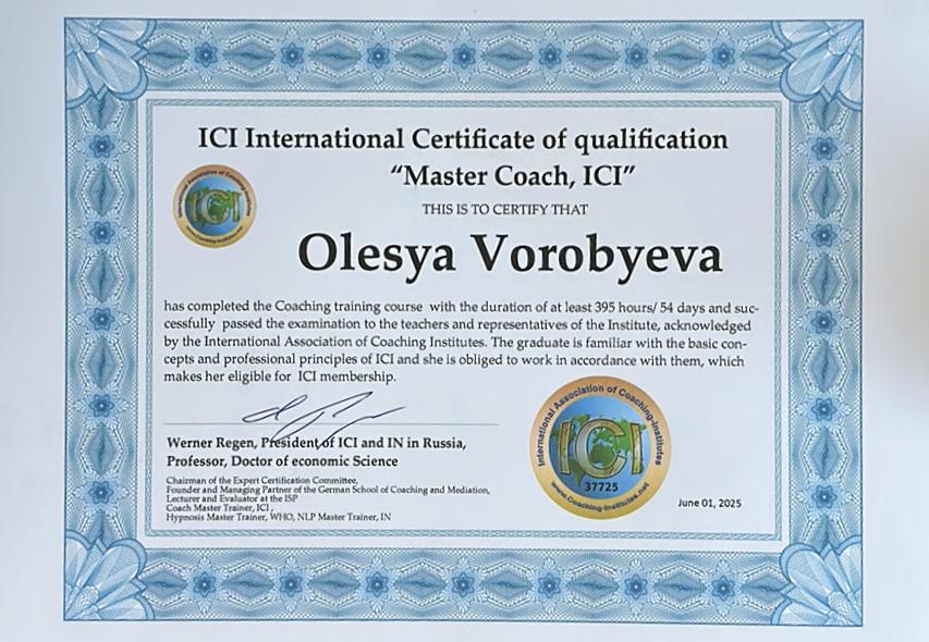 Сертификат “Gender psychology and coaching of relationships”